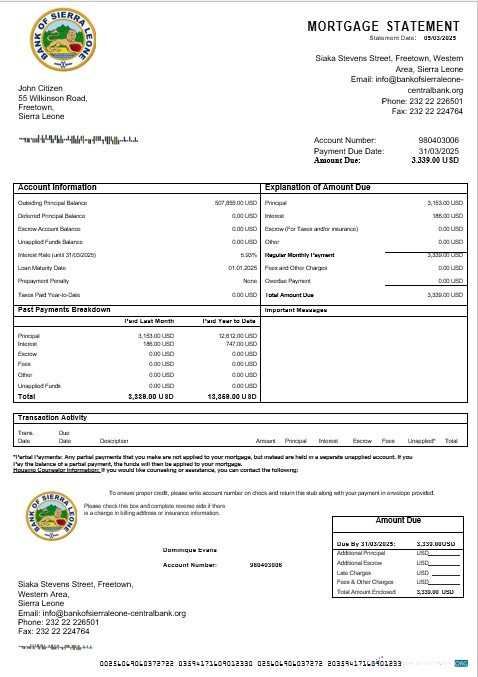 Download Sierra Leone Bank of Sierra Leone bank mortgage statement in Word and PDF formats Photoshop template
